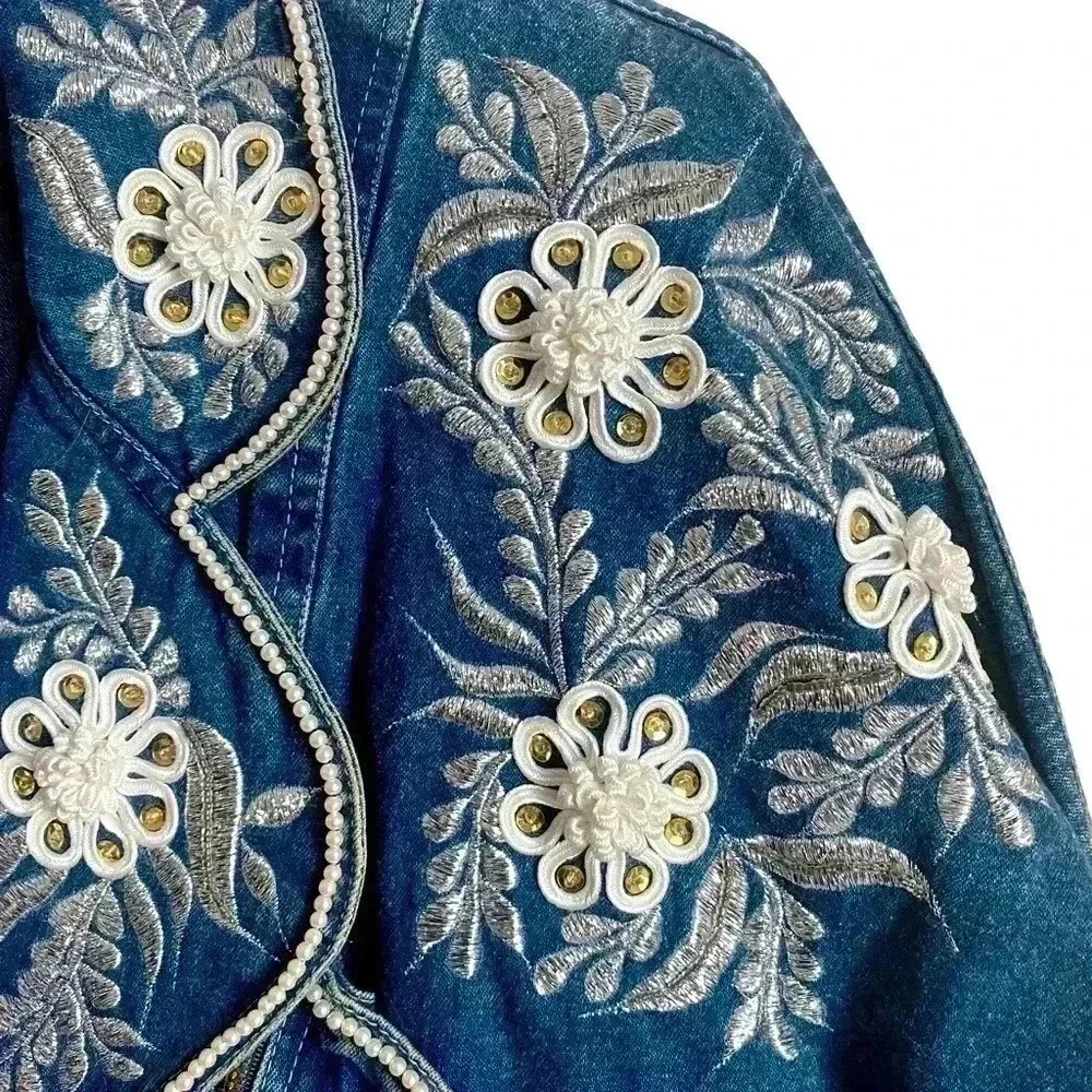 Vintage 80s Denim Jean Jacket Embroidered Double Breasted Acid Wash Size… - Picture 5 of 10